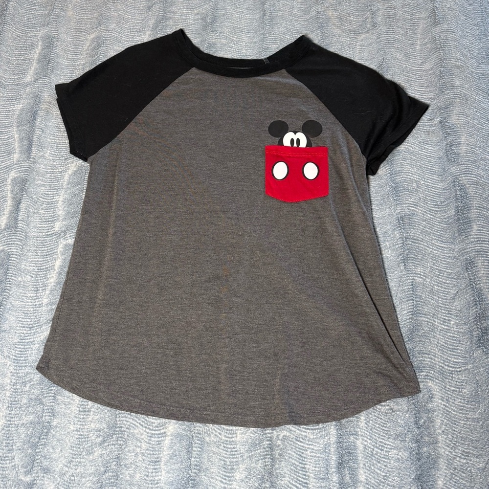 Disney Mickey Mouse Gray and Black Tee with Red Pocket